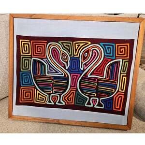 Guna Kuna Mola Hand Stitched 2 Birds Framed Textile Folk Art Panama 21.5x18